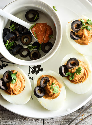 Deviled Eggs with Tandoori Mayo & Olives 